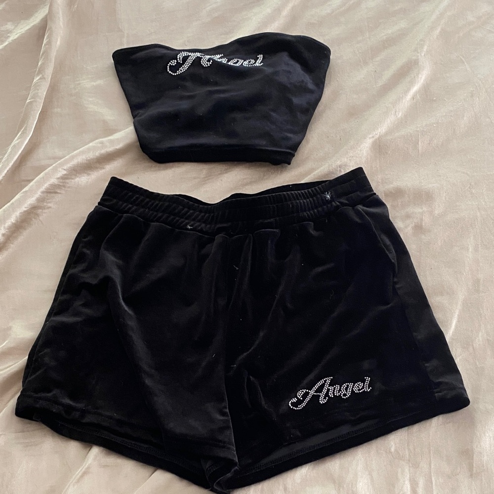 SHEIN Black Velvet Set with Rhinestone Accent